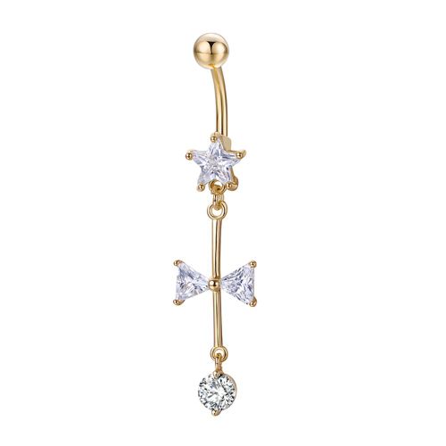 Piercing Chirurgical Pour Le Nombril, Pendentif Noud Papillon, Strass Brillants (Dore Et Blanc)
