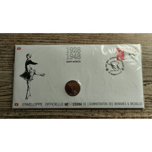 Enveloppe Officielle Timbre Et Medaille Monnaie De Paris " 1er Jour D'Émission " 1928 - 1948 Saint Moritz