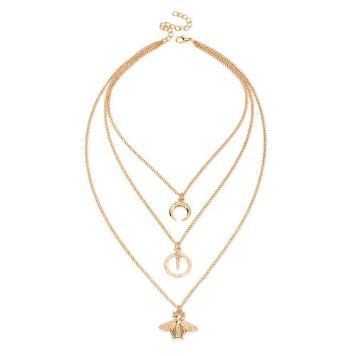 Collier A Pendentif Lune Et Abeille Multicouches Pour Femme, Bijou Delicat (Or)