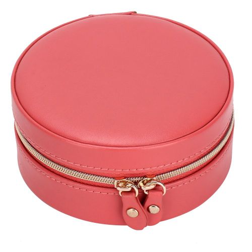 Boite De Rangement Ronde Portable En Cuir Pu Pour Boucles D'oreilles Et Bijoux (Rouge)