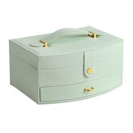 Boite a bijoux avec tiroirs miroir, grande capacite, en cuir PU, portable, double couche, vert