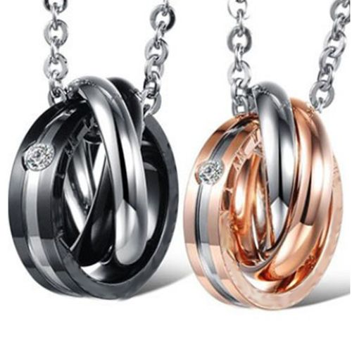 Lot De 2 Colliers Pour Couple Avec Pendentif 3 Anneaux En Acier Inoxydable, Noir Et Dore