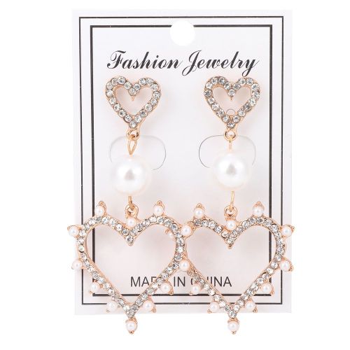 Boucles D'oreilles Pendantes Longues Et Elegantes En Forme De Cour Avec Fausses Perles Et Strass Pour Femmes