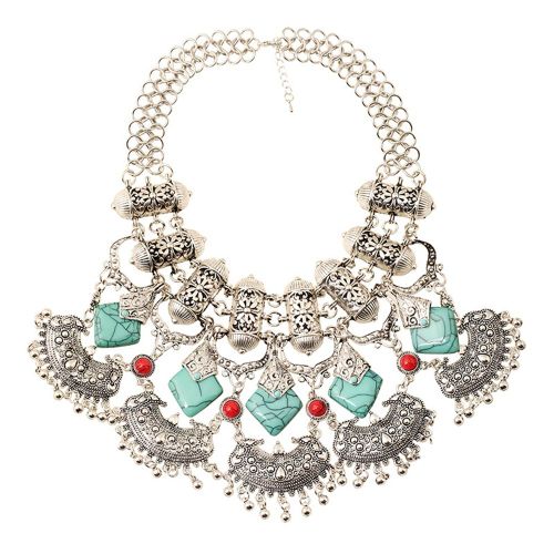 Collier Ras Du Cou Style Retro Turquoise Ue Et Etats-Unis Pour Femme, Accessoire De Bijouterie (Argent)