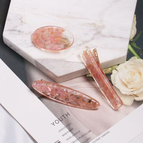 Lot De 3 Elegantes Barrettes A Cheveux Geometriques Creuses En Resine Transparente A Motif Floral (Rose)