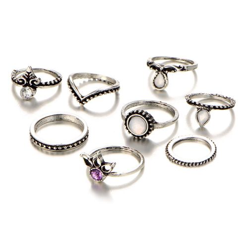 Bague Retro En Alliage Avec Pierres Precieuses Et Cristaux Geometriques En Forme De V Pour Femme Et Fille (Argent Antique)