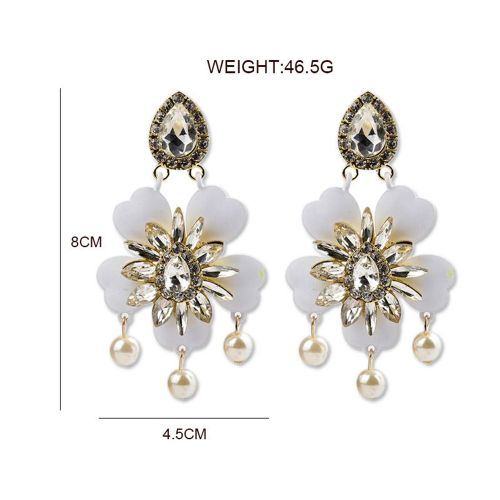 Boucles D'oreilles Pendantes En Alliage Plaque Or Pour Femme, Bijoux Tendance, Pendentif En Forme De Fleur Et Perle (Blanc)