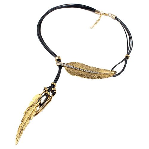 Collier A Pompons Multicouches En Cuir Et Plumes Pour Femme (Or Ancien + Noir)