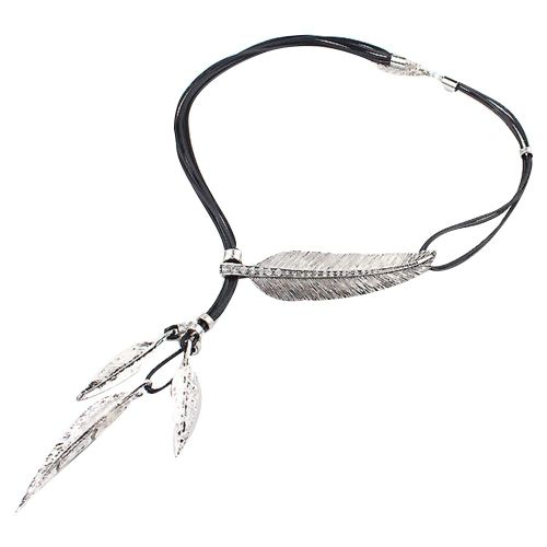 Collier A Pompons Multicouches En Cuir Et Plumes Pour Femme (Argent Ancien + Noir)
