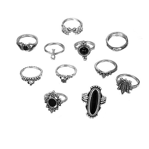 Bague Tendance En Alliage De Diamants Et Pierres Precieuses Noires, 11 Pieces, 7009