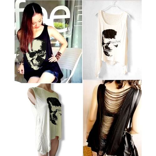 Débardeur Ample / T-Shirt Asymétrique / Tank Top Dos Ajouré, Nu, Filet, Franges / Tête De Mort, Crane, Skull Streetwear Punk Rock