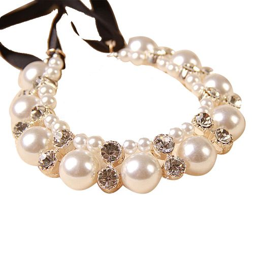 Collier A Chaine Geometrique En Perles Et Strass Pour Femme (Blanc)