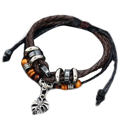 Bracelet Pendentif En Forme De Feuille Tissee En Pu, Style Retro Et Reglable, Decoration Pour Poignet D'homme (Marron Fonce)