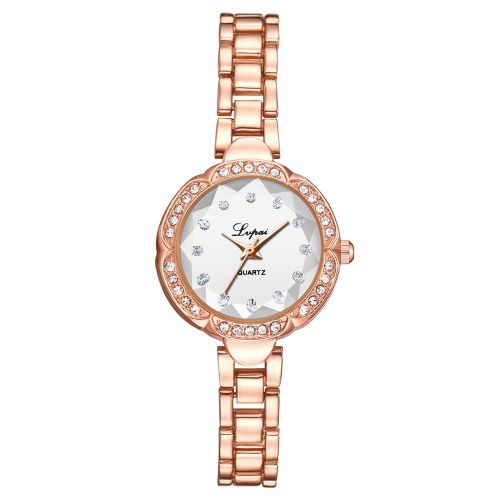 Montre-Bracelet A Quartz Pour Femme, Bracelet En Acier, Cadran Rond, Alliage (Or Rose Et Blanc)