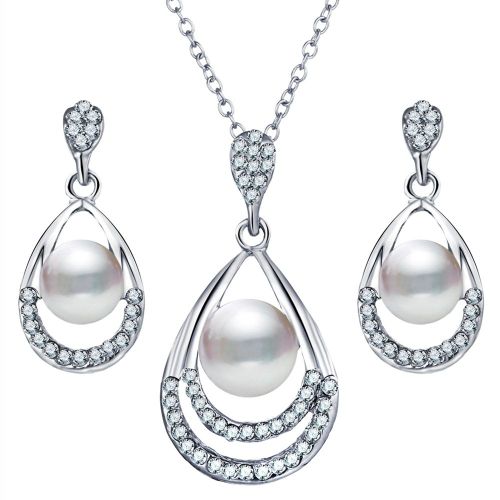Ensemble Collier Et Boucles D'oreilles En Perles D'imitation Pour Femme, Simple Et Elegant, Avec Cristaux Et Gouttes (Argent)