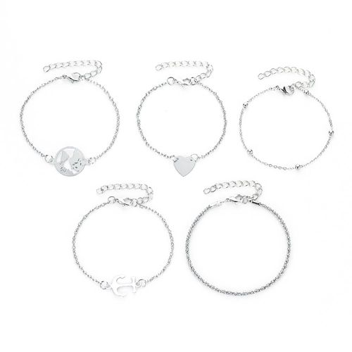 Lot De 5 Bracelets Tendance Pour Femmes, Elegants, En Forme De Cour, Chaine A Main, Decoration