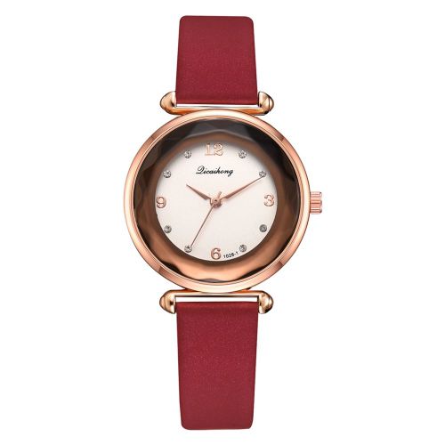 Montre A Quartz Avec Bracelet En Cuir Synthetique Et Cadre En Or Rose Avec Strass (Rouge)