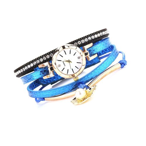 Montre-Bracelet A Quartz Tendance Pour Femme Avec Bracelet En Cuir Synthetique Et Fausses Perles (Bleu)