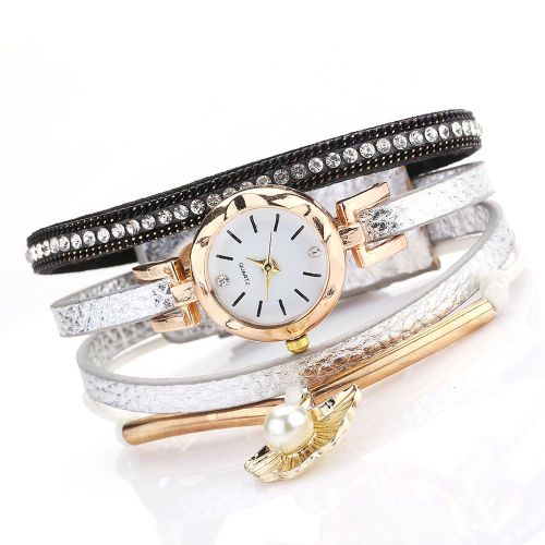Montre-Bracelet A Quartz Tendance Pour Femme Avec Bracelet En Cuir Synthetique Et Fausses Perles (Gris)