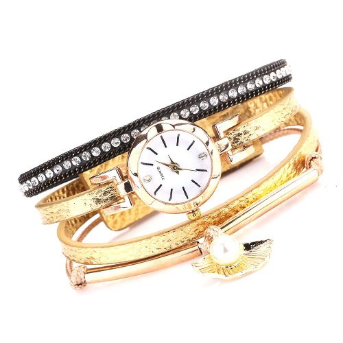 Montre-Bracelet A Quartz Tendance Pour Femme Avec Bracelet En Cuir Synthetique Et Fausses Perles (Beige)