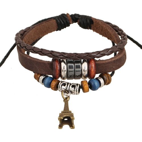 Bracelet Vintage Multicouche En Cuir De Vache Avec Pendentif En Forme De Tour De Fer, Fait A La Main, Cadeau