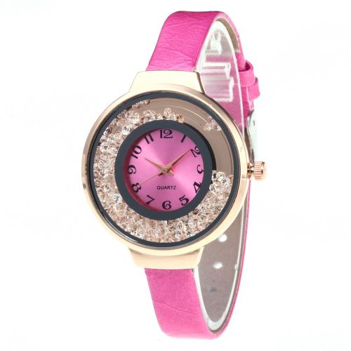 Montre A Quartz Etroite Zhoulianfa En Cuir Pu Pour Femme, Cadran Unique A Effet Sable Mouvant (Rose Rouge)