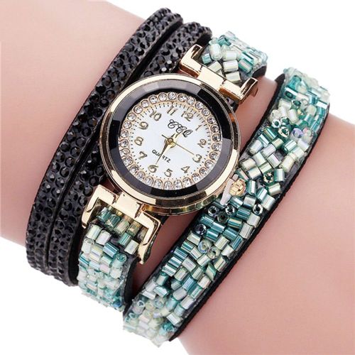 Montre A Quartz Ccq Multicouches Avec Strass Colores Pour Femme (Noir)