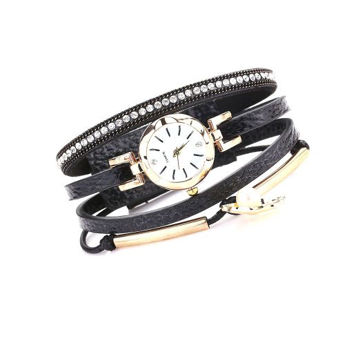 Montre-Bracelet A Quartz Tendance Pour Femme Avec Bracelet En Cuir Synthetique Et Fausses Perles (Noir)