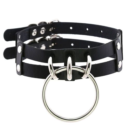 Collier Ras Du Cou En Cuir Avec Pendentif Rond En Metal, Tendance, Punk Rock, Sexy (Noir)