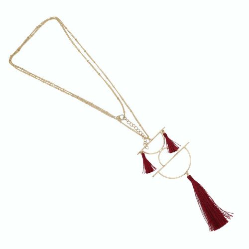 Collier Long Avec Pendentif Pompon En Fil D'alliage Double Couche De Style Boheme, Bijoux Cadeau (Rouge)