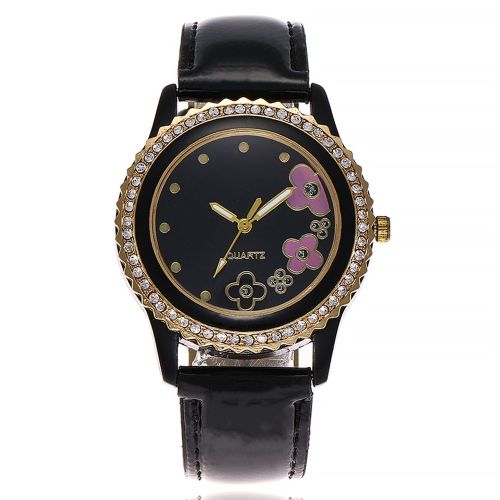 Montre A Quartz Ccq Avec Bracelet En Cuir Synthetique Et Cadran A Fleurs Et Strass Pour Femme (Noir)