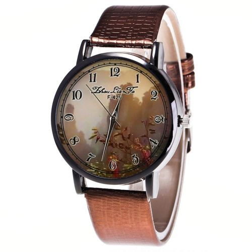 Montre-Bracelet A Quartz Zhoulianfa Avec Bracelet En Cuir Pu Et Motif Paysage Tendance (Cafe)