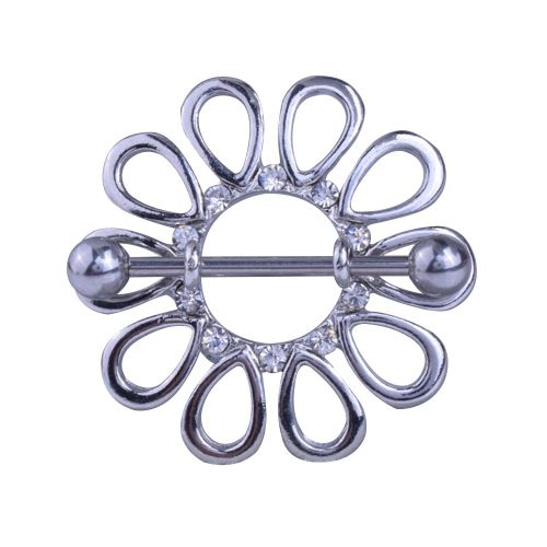 Piercing De Teton En Strass En Forme De Fleur Creuse, Bijou De Corps Anti-Allergie (Blanc)