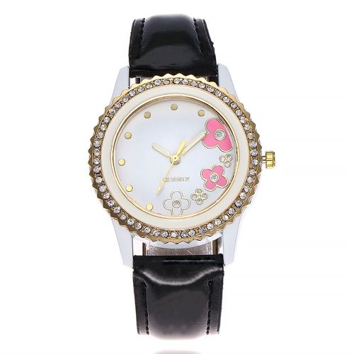 Montre A Quartz Ccq Avec Bracelet En Cuir Synthetique Et Cadran A Fleurs Et Strass Pour Femme (Noir Et Blanc)