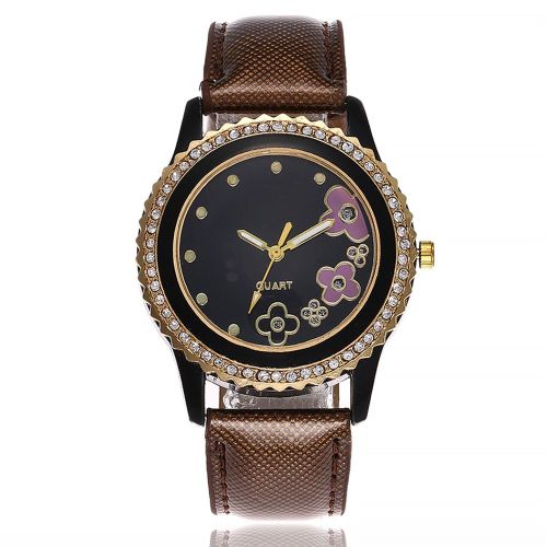 Montre A Quartz Ccq Avec Bracelet En Cuir Synthetique Et Cadran A Fleurs Et Strass Pour Femme (Marron Et Noir)