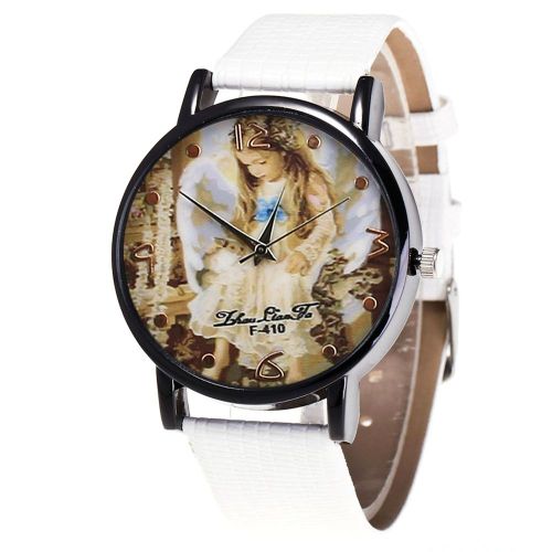 Montre A Quartz Zhoulianfa Avec Bracelet En Cuir Synthetique Et Cadran A Motif Little Angle Girl, Unisexe (Blanc)
