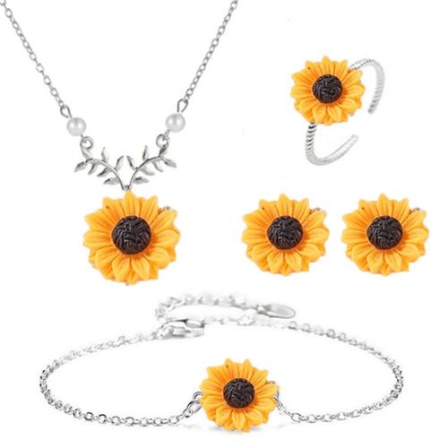 Ensemble De Bijoux En Alliage Pour Femme, 4 Pieces, Collier, Clou D'oreille, Bague Et Bracelet Tournesol (Argent)