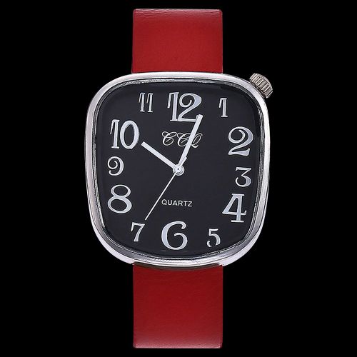 Montre A Quartz Ccq Avec Bracelet En Cuir Synthetique Et Cadran Carre A Gros Chiffres Pour Couple (Rouge Et Noir)