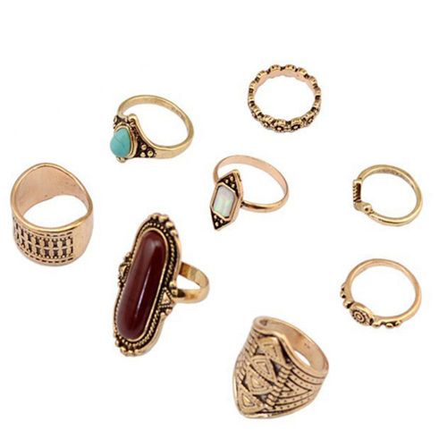 Lot De 8 Bagues Vintage Sculptees En Forme De Totem, Bijoux Tendance Pour Femmes, Or Rouge