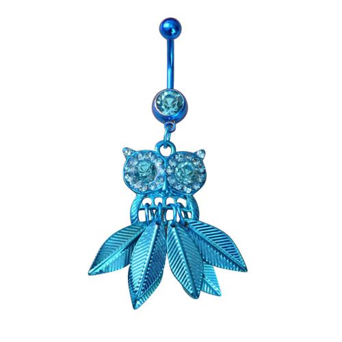 Piercing De Nombril En Forme De Hibou Mignon Avec Pompon Et Feuilles En Strass (Bleu)