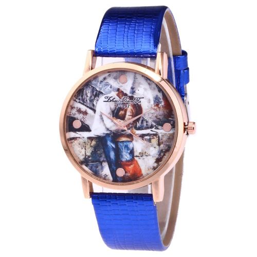 Montre-Bracelet A Quartz Analogique A Cadran Rond Et Bracelet En Pu (Bleu)