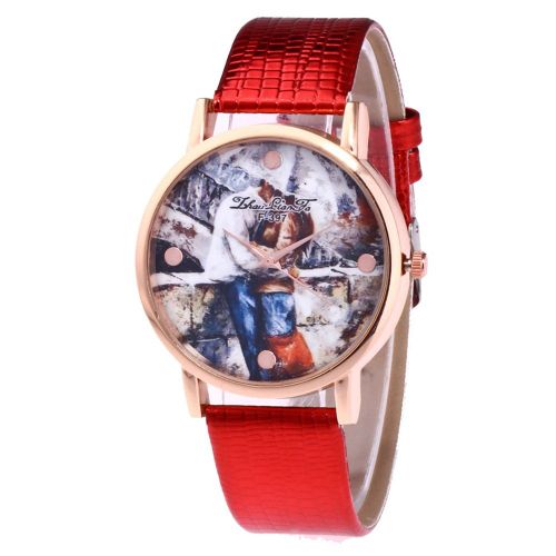 Montre-Bracelet A Quartz Analogique Avec Bracelet En Pu Et Cadran Rond (Rouge)