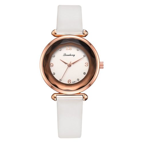 Montre A Quartz Avec Bracelet En Cuir Synthetique Et Cadre En Or Rose Avec Strass (Blanc)