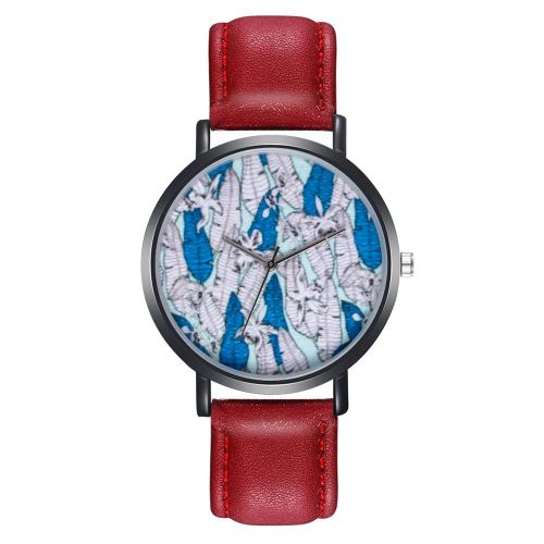 Montre A Quartz Zhoulianfa Avec Bracelet En Cuir Synthetique Et Motif Feuilles De Foret Tropicale, Unisexe (Rouge)