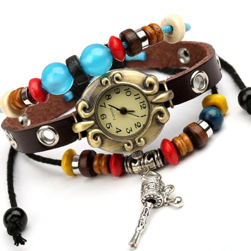 Montre-Bracelet A Quartz Vintage Unisexe En Cuir Multicouches Avec Perles Colorees Pour Homme Et Femme