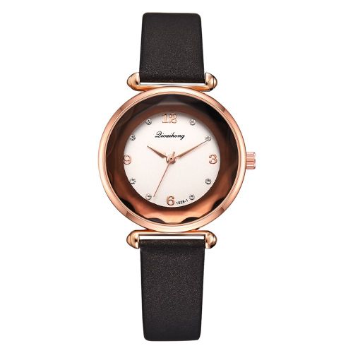Montre A Quartz Avec Bracelet En Cuir Synthetique Et Cadre En Or Rose Avec Strass (Noir)
