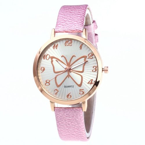 Montre-Bracelet A Quartz Zhoulianfa Pour Femme, Bracelet En Pu, Motif Papillon (Rose)