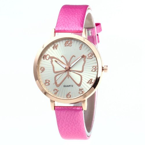 Montre-Bracelet A Quartz Zhoulianfa Pour Femme, Bracelet En Pu, Motif Papillon (Rose Rouge)
