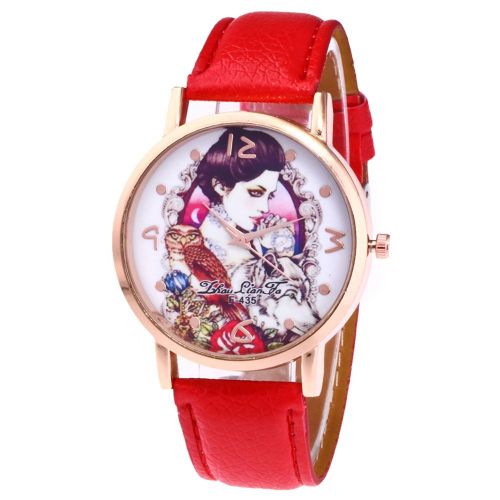 Montre A Quartz Tendance Unisexe Avec Bracelet En Cuir Synthetique Et Cadran Rond (Rouge)