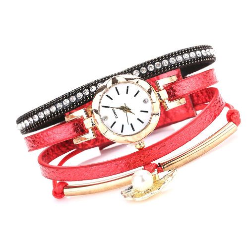 Montre-Bracelet A Quartz Tendance Pour Femme Avec Bracelet En Cuir Synthetique Et Fausses Perles (Rouge)